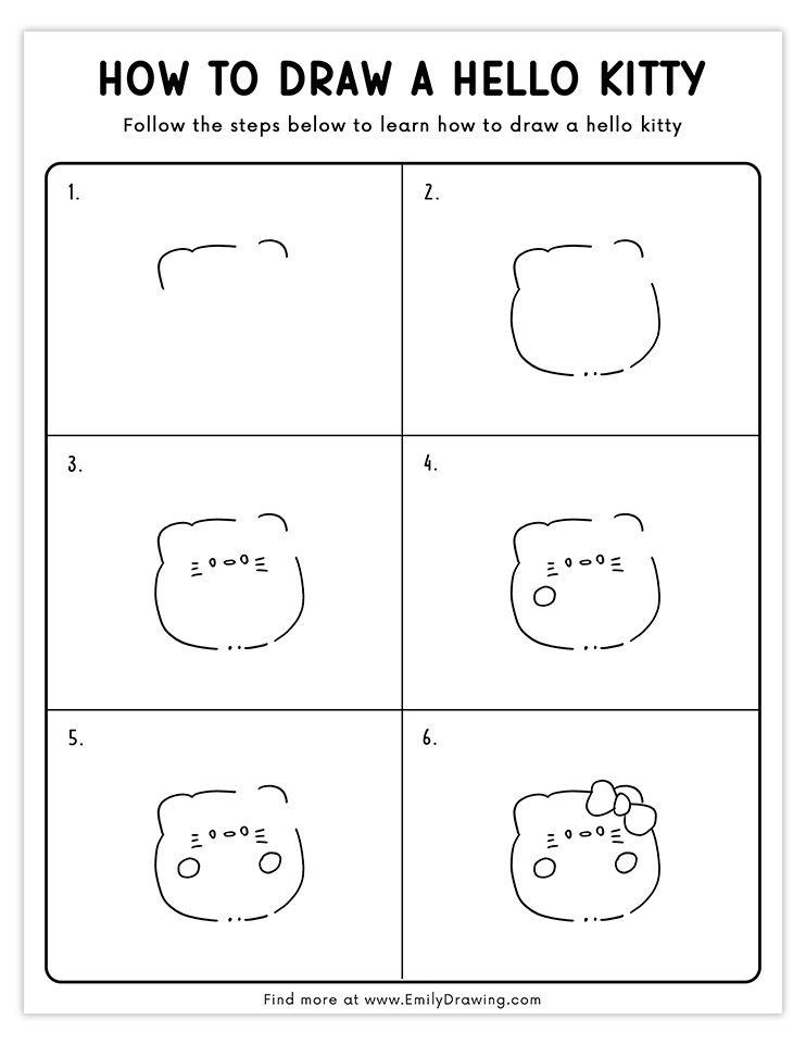 Step-by-step tutorial for drawing a chubby Hello Kitty face.