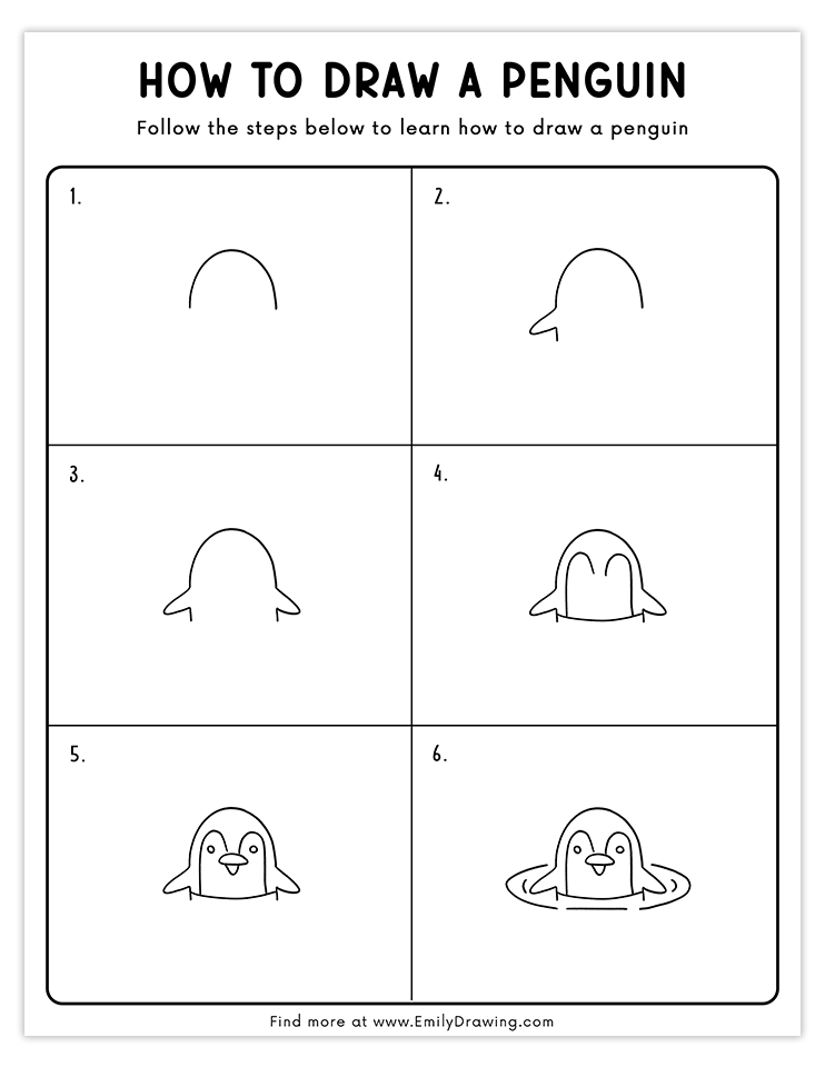 Adorable penguin drawing peeking out of the water, ideal for step-by-step tutorials.