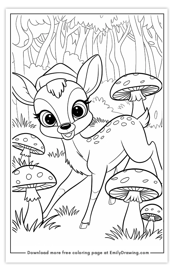 Free printable Deer Playing Among Mushrooms coloring pages with PDF files for download and printing!