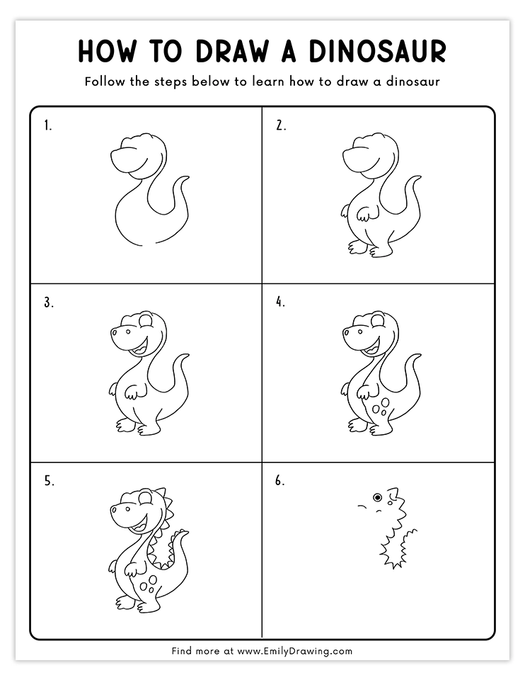 Step-by-step tutorial to draw a cheerful dinosaur with a big smile.