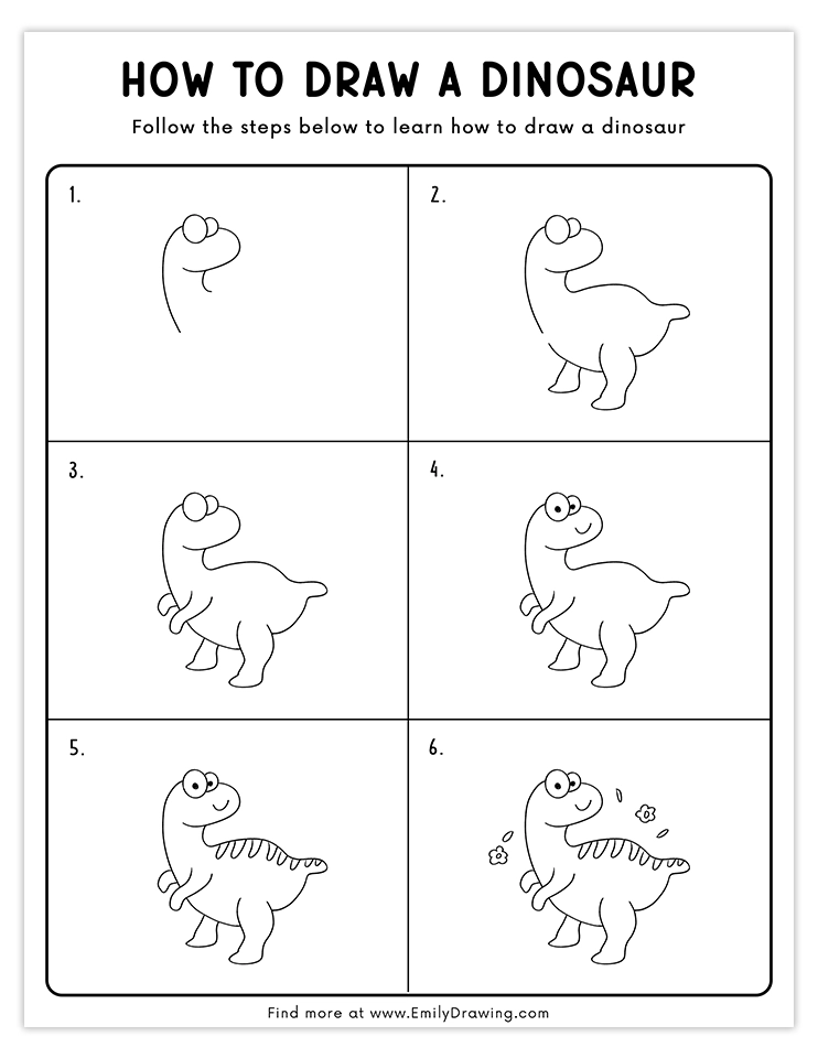 Step-by-step guide to draw a playful dinosaur with big eyes and flowers.