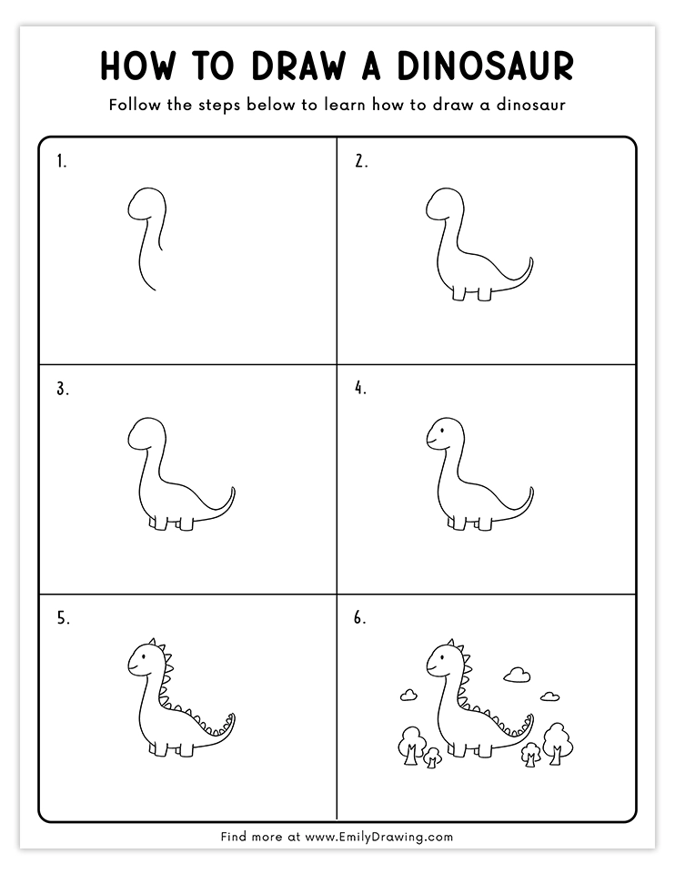 Simple step-by-step tutorial to draw a long-neck dinosaur in a scenic background