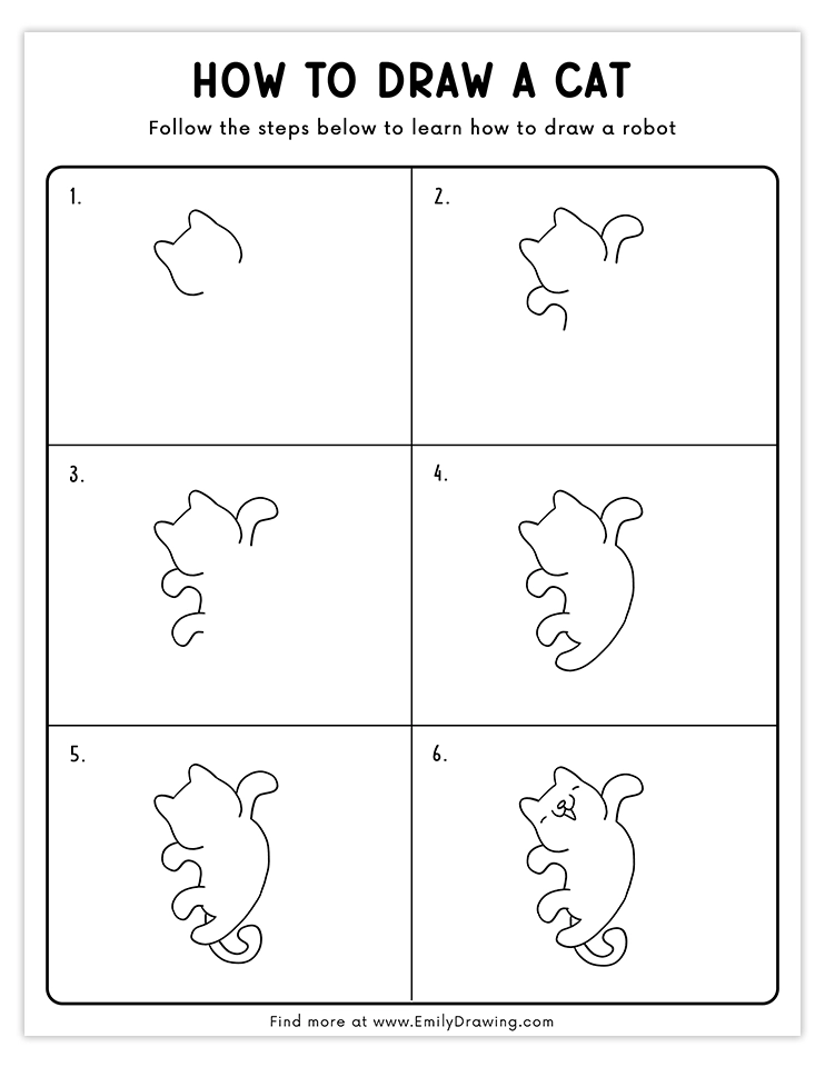 Simple line art tutorial for drawing a cute cartoon cat in a playful pose