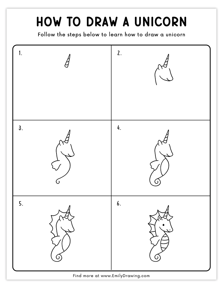 Step-by-step guide to drawing a creative seahorse unicorn hybrid for kids.