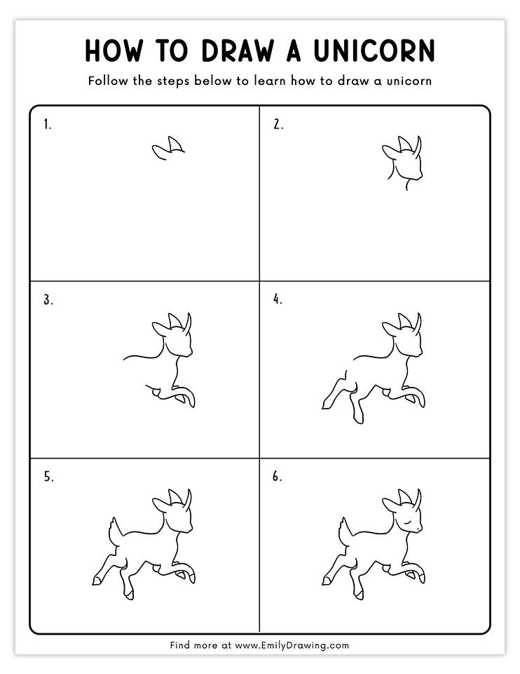 Cute baby unicorn drawing guide with simple step-by-step instructions.