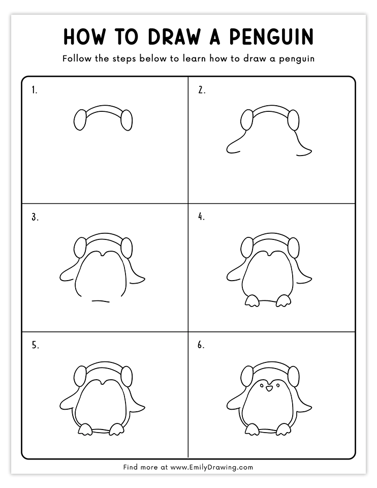 Adorable penguin drawing wearing cozy ear muffs, perfect for step-by-step tutorials.