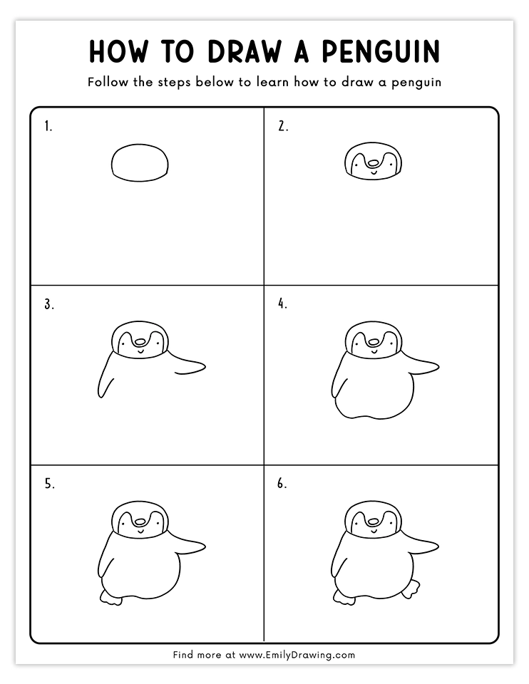 Adorable drawing of a penguin with a happy expression and open arm pose, ideal for easy drawing tutorials.