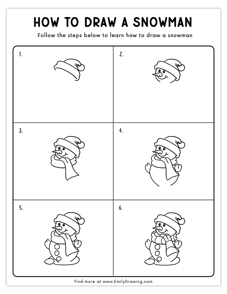 Adorable snowman drawing with scarf and hat, step-by-step guide.