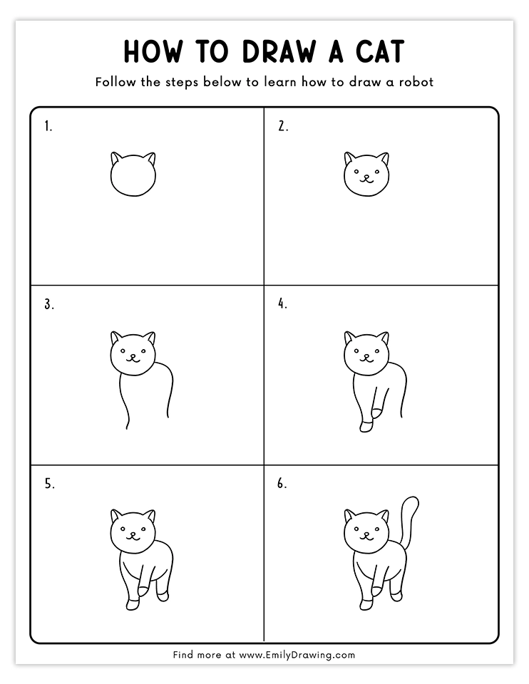 Step-by-step guide for drawing a cartoon cat in a walking pose, perfect for beginners learning animal art.