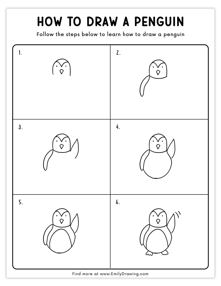 Fun drawing of a penguin waving its flipper, perfect for kids and beginner tutorials.