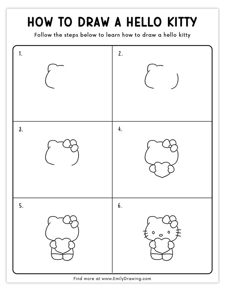 Easy Hello Kitty holding a heart drawing tutorial for kids.