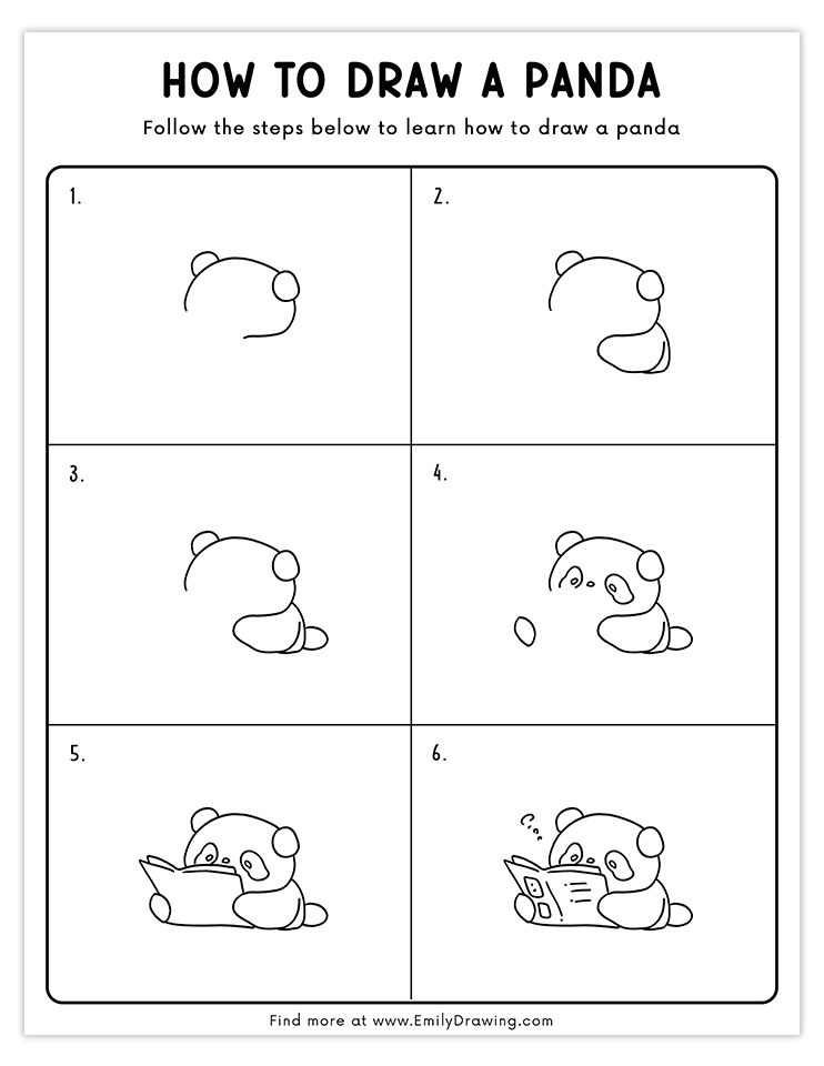 Step-by-step guide for drawing a panda reading a book, ideal for kids and beginner artists.