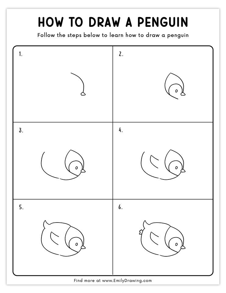 Adorable drawing of a penguin rolling on its side, perfect for fun and simple tutorials.