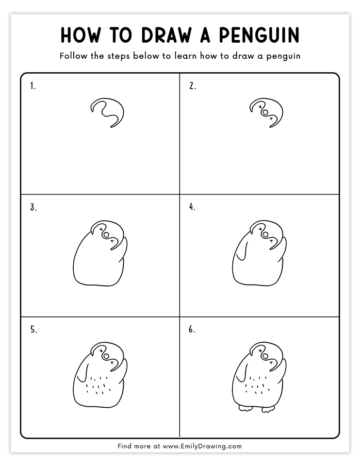 Cute drawing of a shy penguin with an adorable tilted pose, perfect for beginner tutorials.