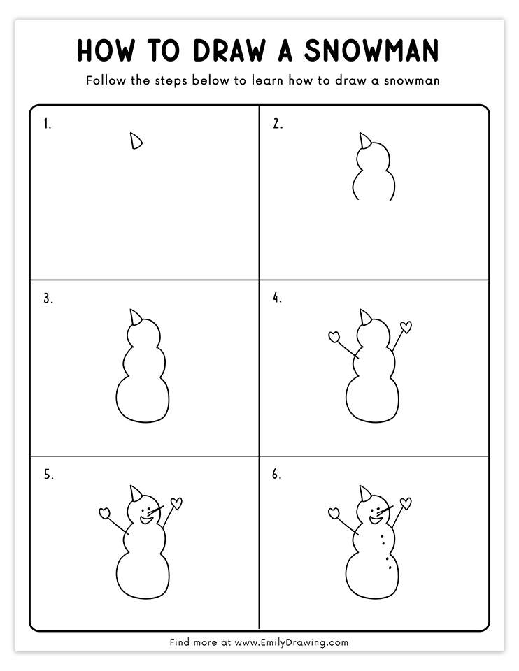 Joyful snowman with a party hat and heart-shaped hands, easy steps.