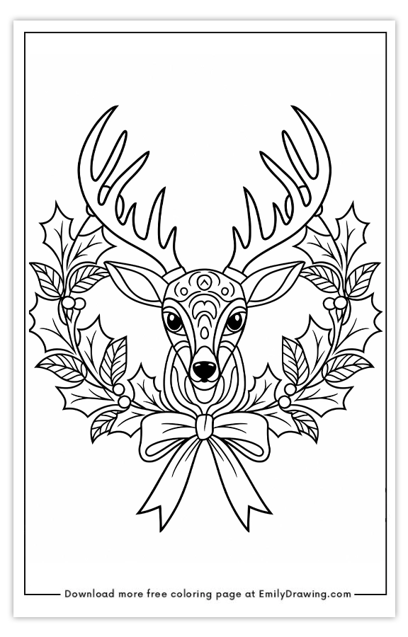 Free printable Elegant Deer in Holly Wreath coloring pages with PDF files for download and printing!