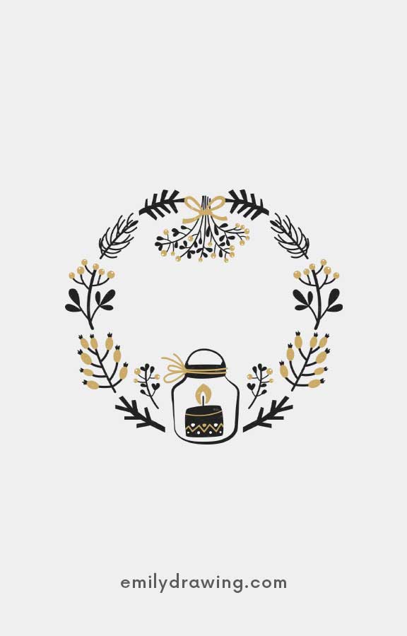 Black and gold wreath featuring branches, berries, and a candle.