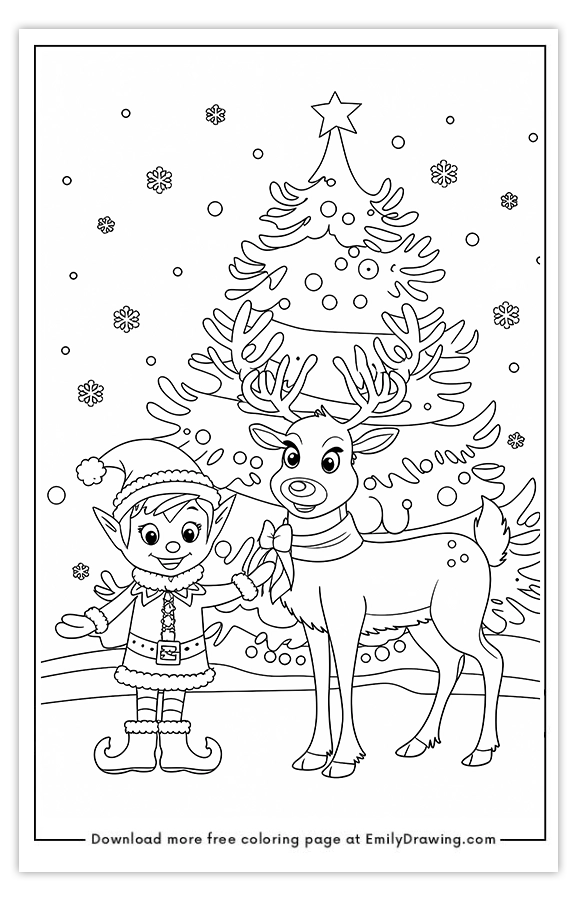 Free printable Elf and Reindeers Festive Celebration coloring pages with PDF files for download and printing!