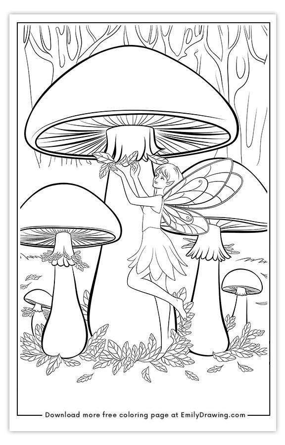 Free printable Fairy Decorating Giant Mushrooms coloring pages with PDF files for download and printing!