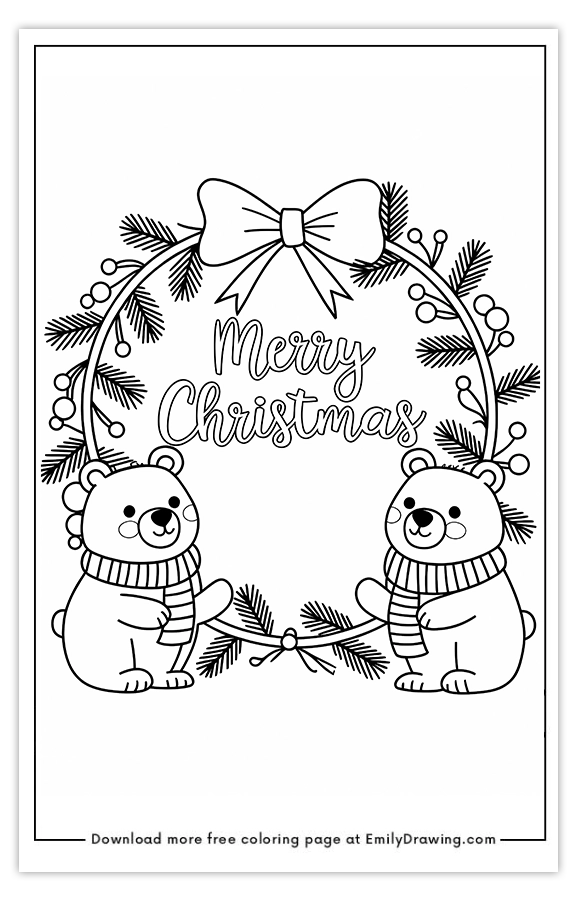 Free printable Festive Bears with Merry Christmas Wreath coloring pages with PDF files for download and printing!