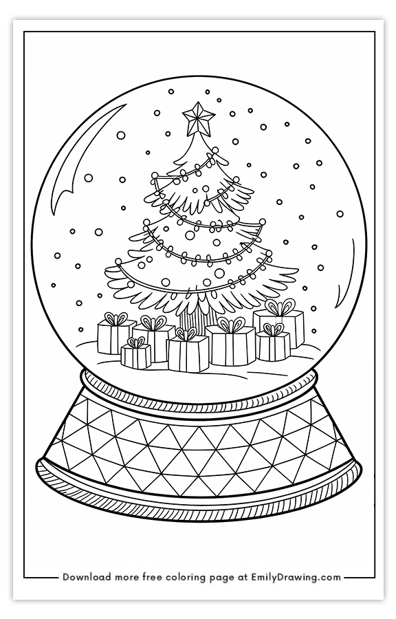 Free printable Festive Christmas Tree Snow Globe coloring pages with PDF files for download and printing!