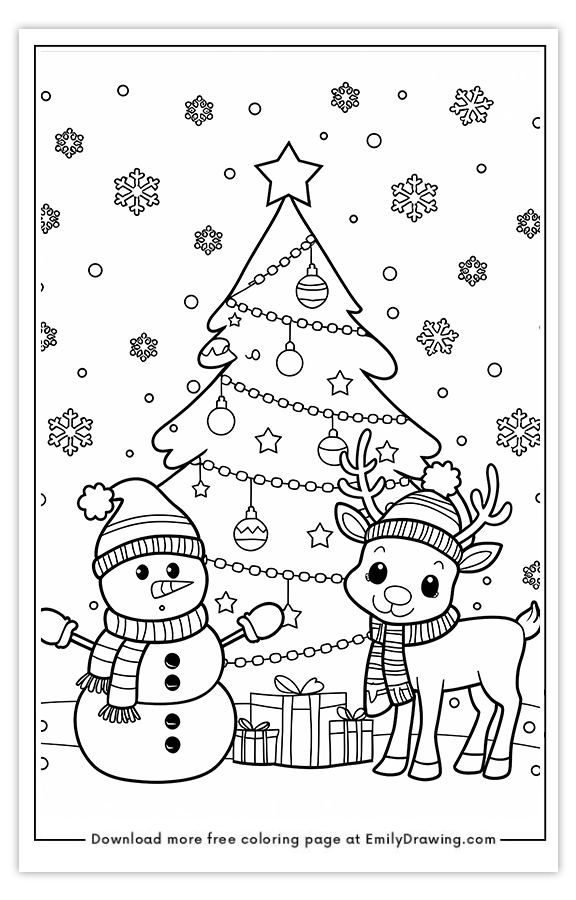 Free printable Festive Friends by the Christmas Tree coloring pages with PDF files for download and printing!