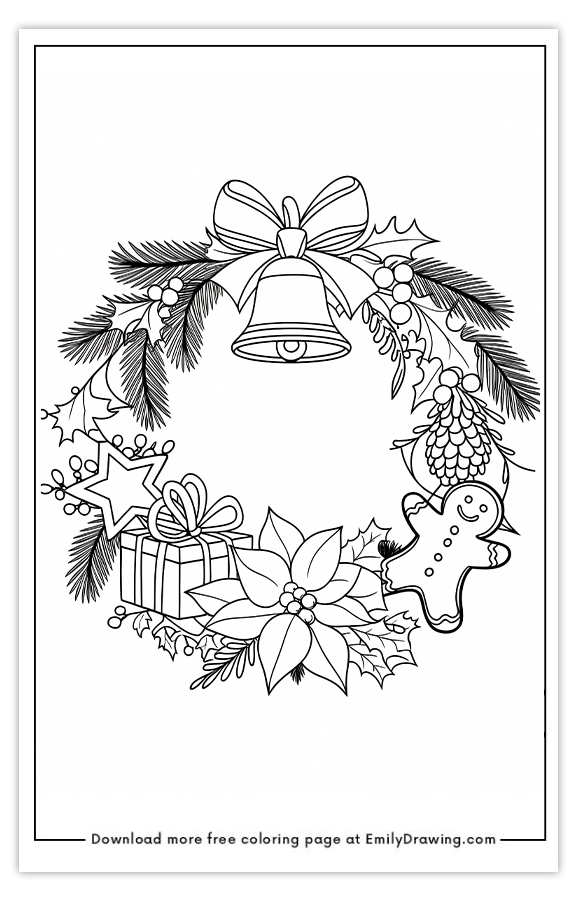 Free printable Festive Holiday Wreath of Cheer coloring pages with PDF files for download and printing!