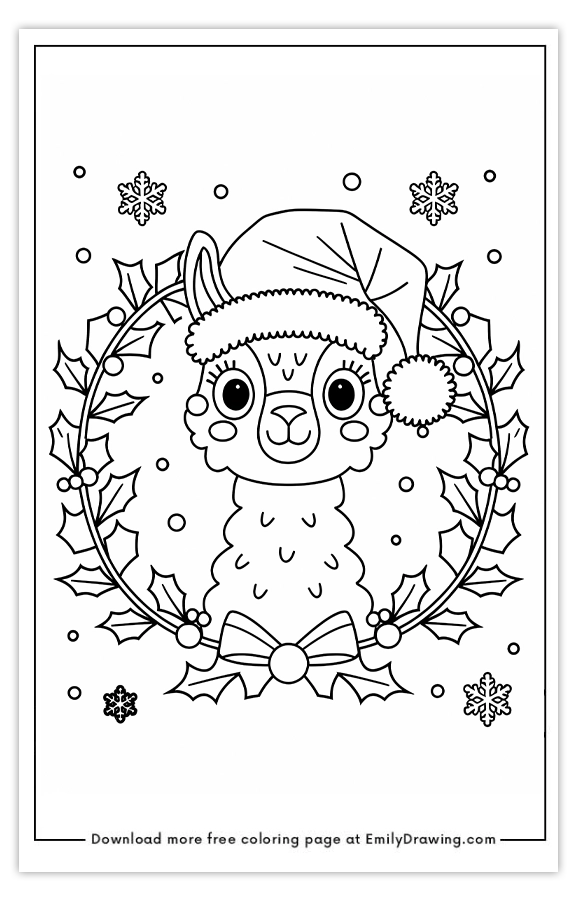 Free printable Festive Llama in Holly Wreath coloring pages with PDF files for download and printing!