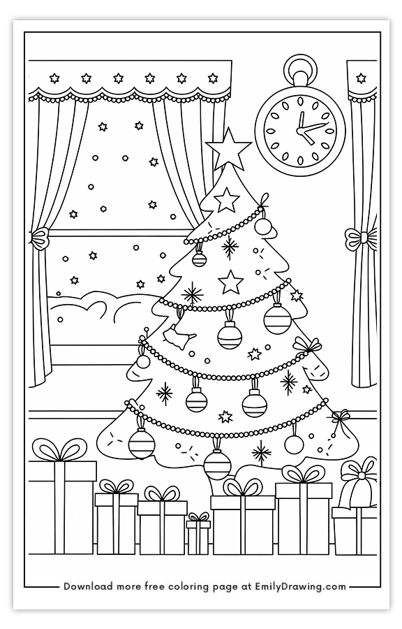 Free printable Festive Room with Christmas Tree and Gifts coloring pages with PDF files for download and printing!