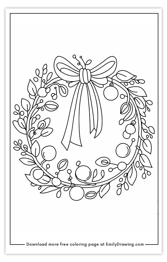 Free printable Festive Wreath with Berries and Bow coloring pages with PDF files for download and printing!