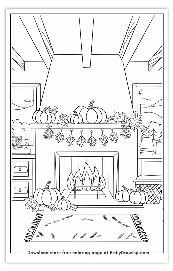 Free printable Fireplace with Fall Decorations coloring pages with PDF files for download and printing!