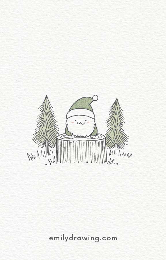 Cute Santa in a green hat sitting on a tree stump in a forest.