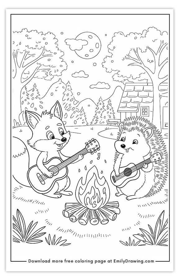 Free printable Fox and Hedgehog Sitting by a Campfire coloring pages with PDF files for download and printing!