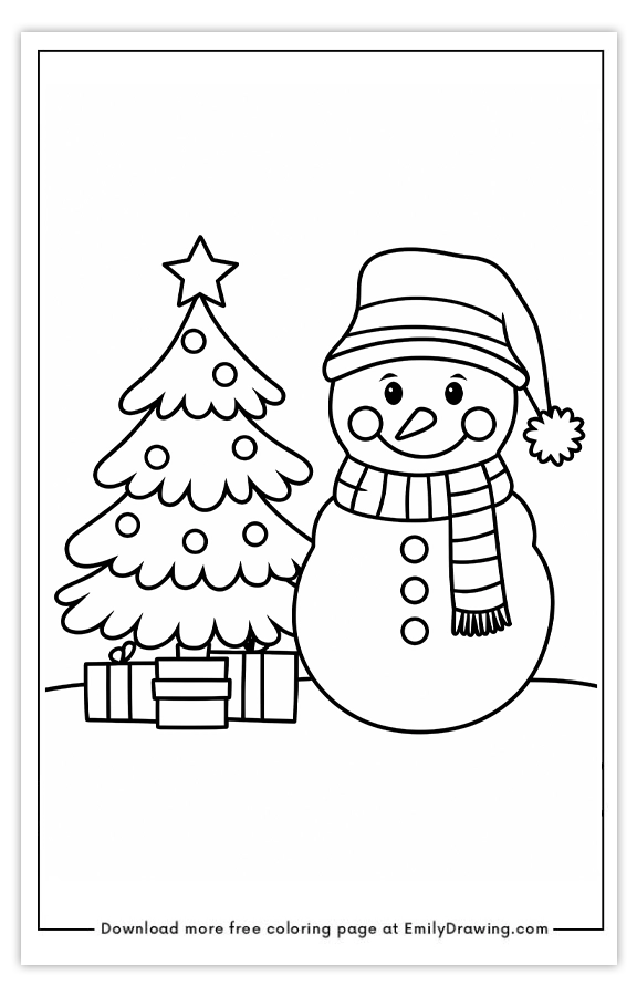 Free printable Frosty Fun by the Christmas Tree coloring pages with PDF files for download and printing!