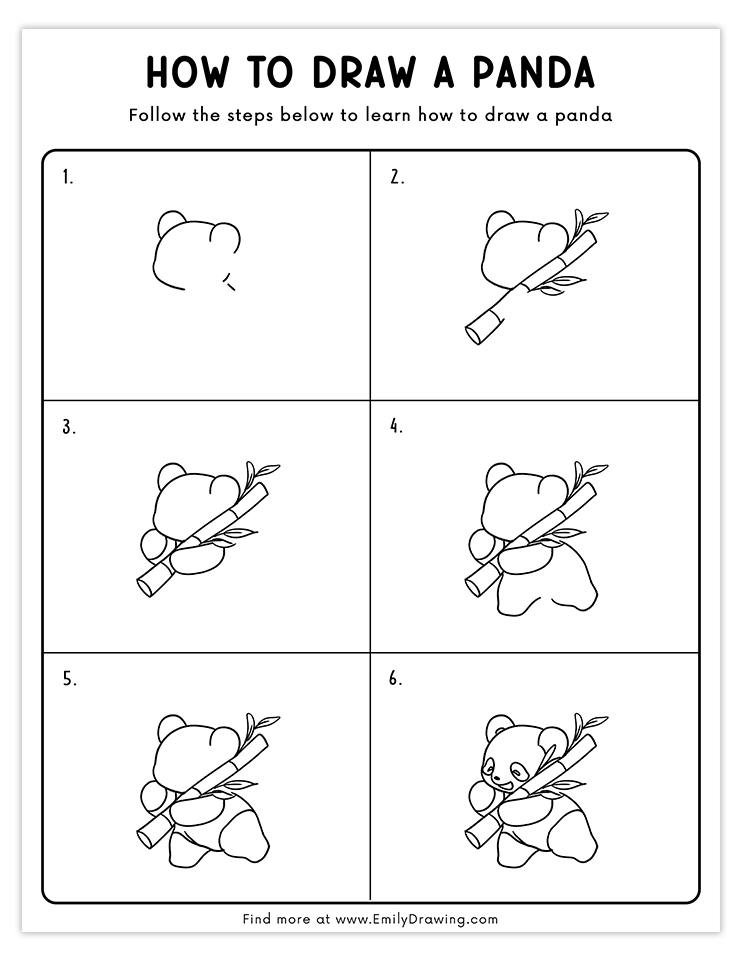 Step-by-step guide for drawing a panda carrying a bamboo stick, ideal for kids and beginner artists.