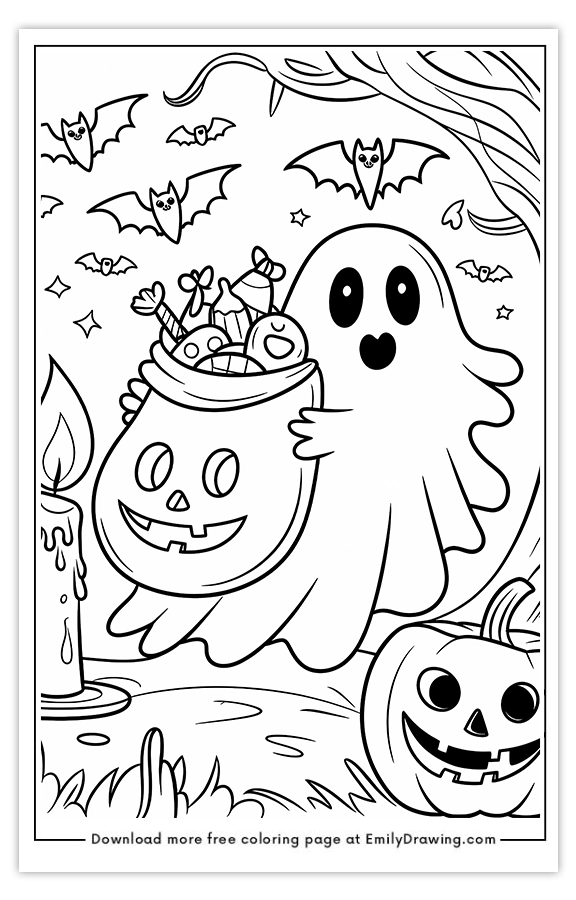 Free printable Ghost Carrying a Candy Bag coloring pages with PDF files for download and printing!