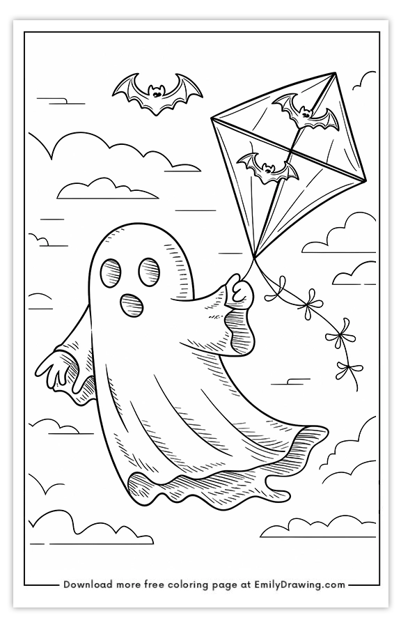 Free printable Ghost Flying a Kite coloring pages with PDF files for download and printing!