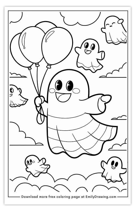 Free printable Ghost Flying with Balloons coloring pages with PDF files for download and printing!