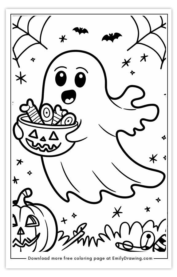 Free printable Ghost Holding of Halloween candy coloring pages with PDF files for download and printing!