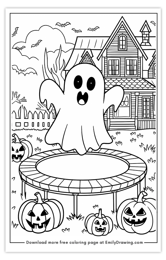 Free printable Ghost Jumping on a Trampoline coloring pages with PDF files for download and printing!