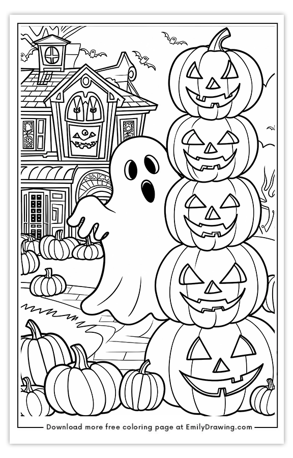 Free printable Ghost Peeking from Behind a Pumpkin Tower coloring pages with PDF files for download and printing!