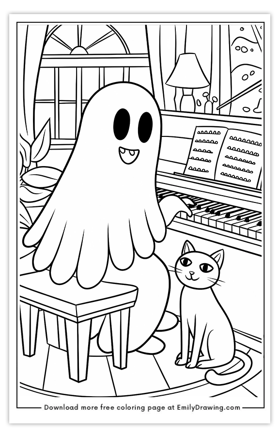 Free printable Ghost Playing Piano coloring pages with PDF files for download and printing!