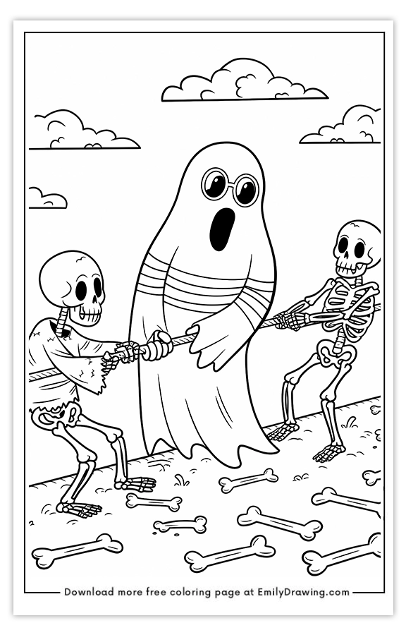 Free printable Ghost Playing Tug of War with Skeletons coloring pages with PDF files for download and printing!