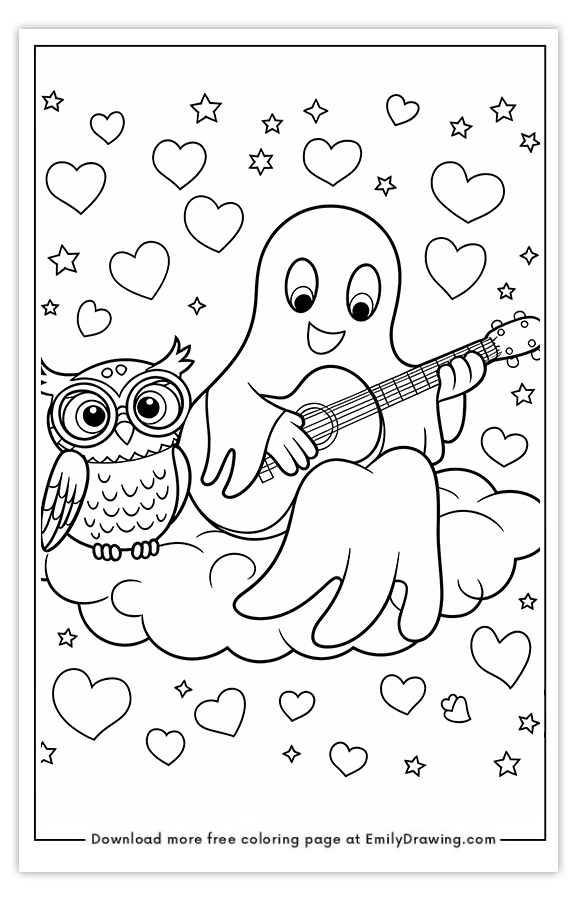 Free printable Ghost Playing a Puitar coloring pages with PDF files for download and printing!