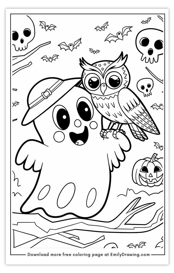 Free printable Ghost Playing with a Owl coloring pages with PDF files for download and printing!