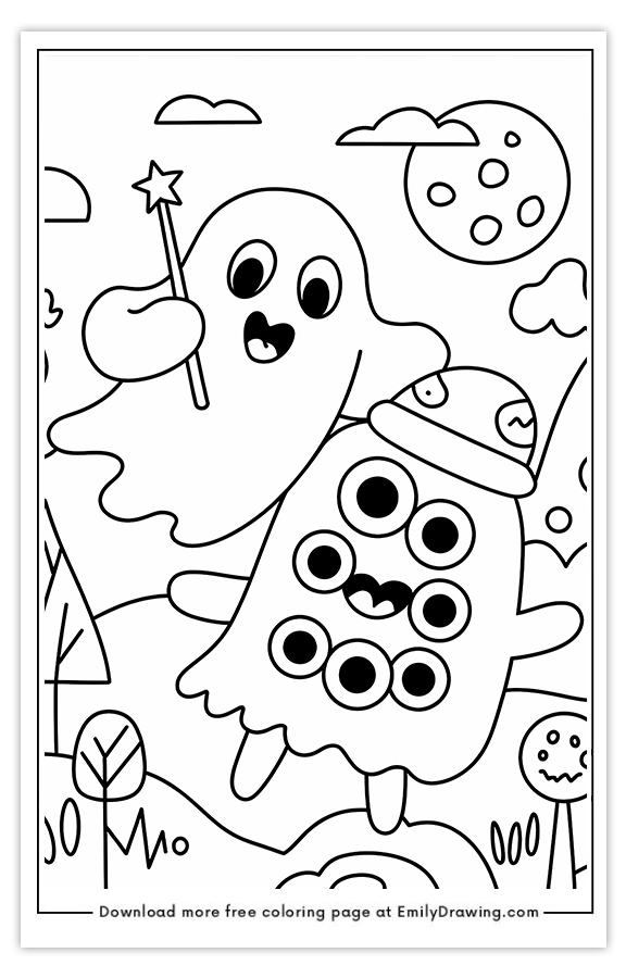 Free printable Ghost Riding on Broomsticks coloring pages with PDF files for download and printing!