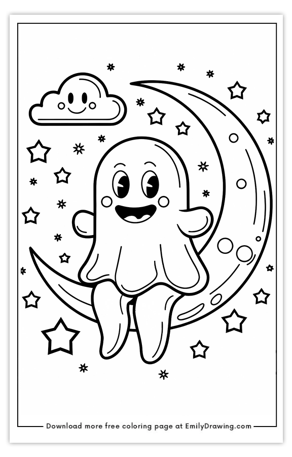 Free printable Ghost Sitting on Moon coloring pages with PDF files for download and printing!