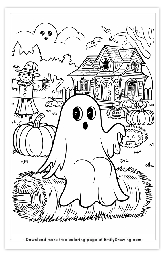 Free printable Ghost Sitting on a Hay Bale coloring pages with PDF files for download and printing!