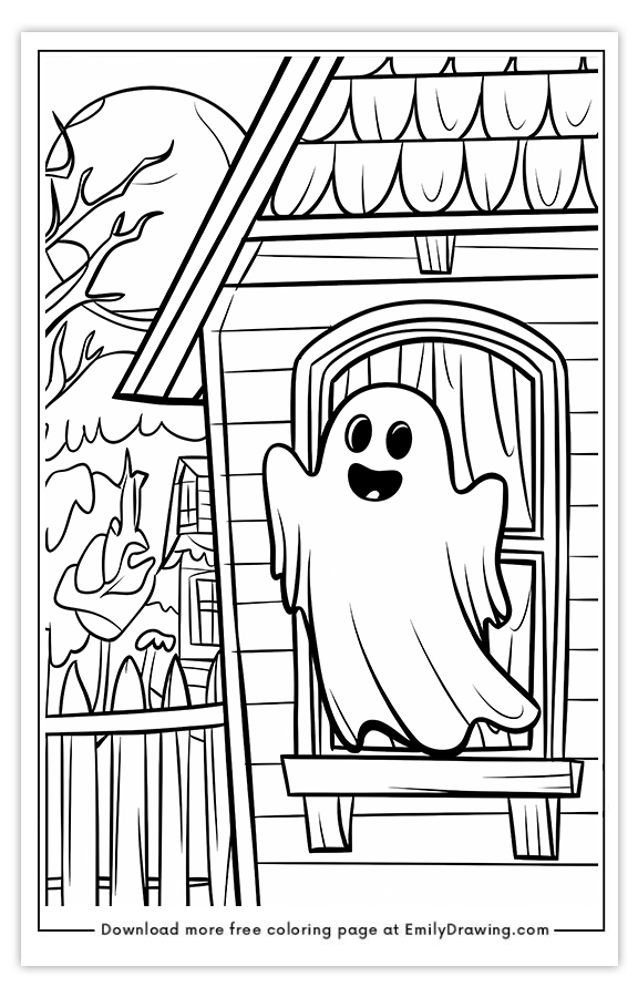 Free printable Ghost Waving from a Haunted coloring pages with PDF files for download and printing!