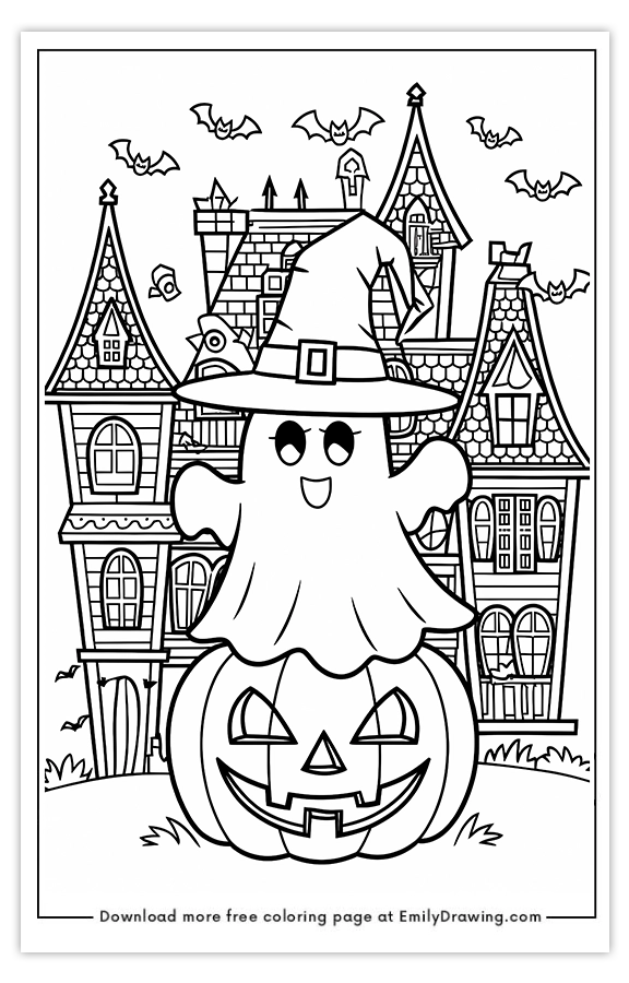 Free printable Ghost Wearing a Wizard Hat coloring pages with PDF files for download and printing!